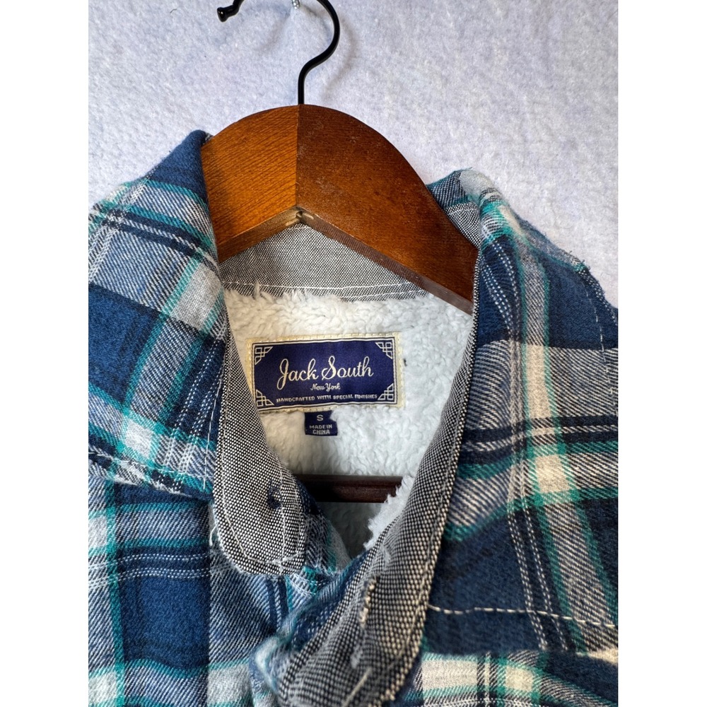 Jack South New York Mens Plaid Sherpa Lined Flannel Shirt Jacket Blue Green S - Picture 2 of 6